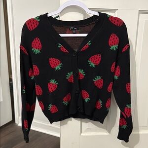 Girls Art Class Black and Red Cropped Cardigan with Strawberry Print